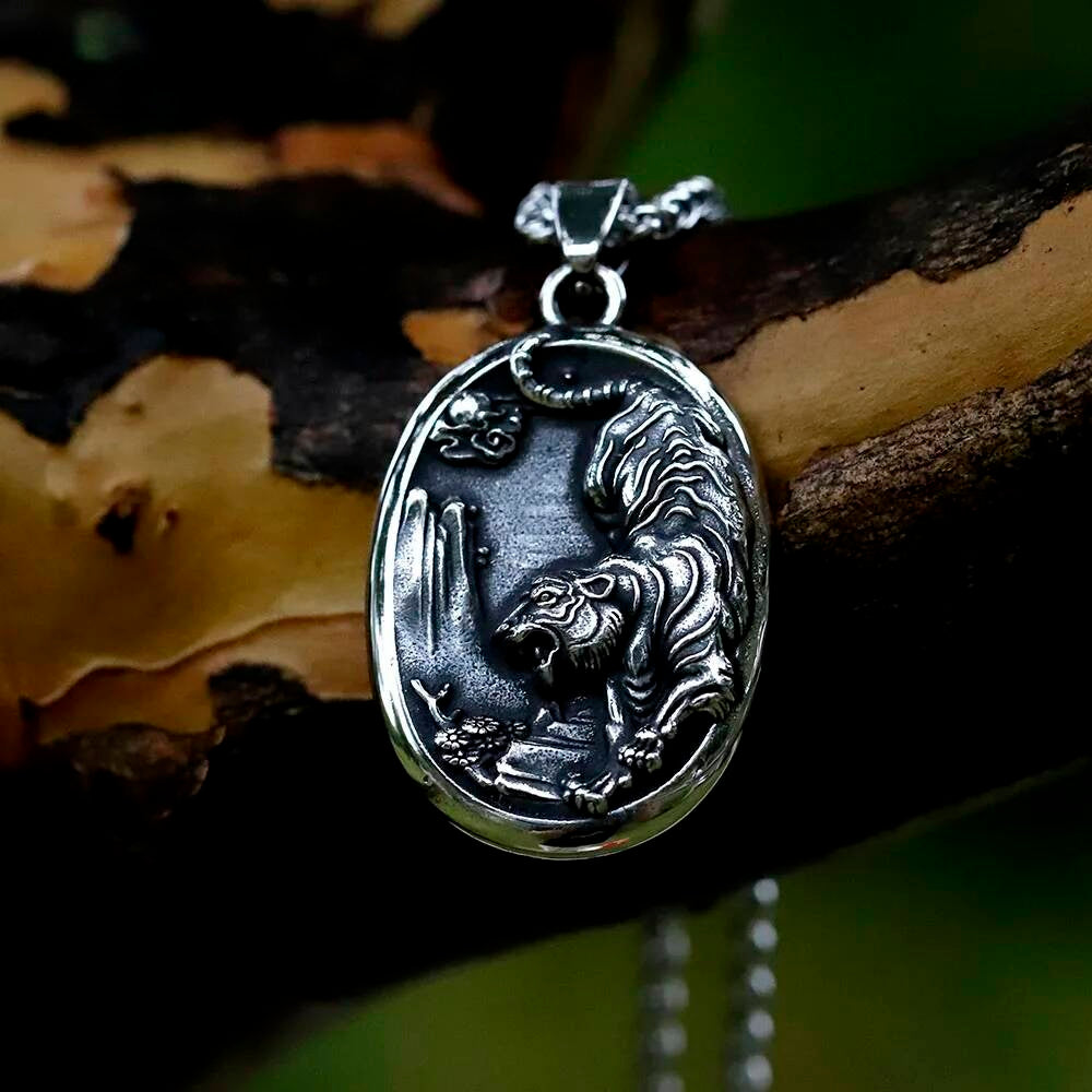 316L Stainless Steel Tiger Oval Pendant Necklace Animal Jewelry