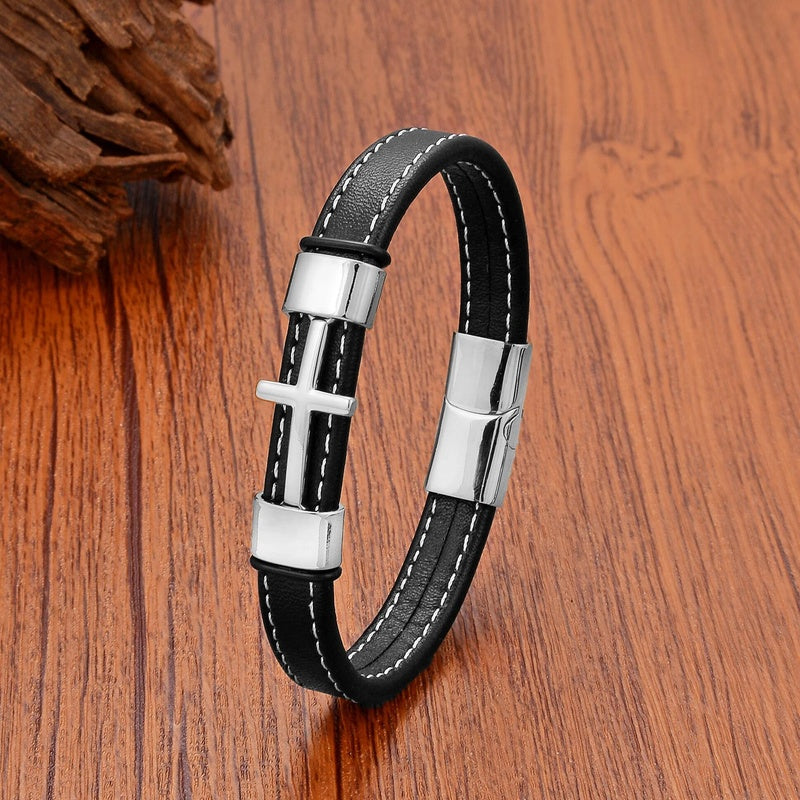 Stainless Steel Cross Men's Bracelets Leather Rope Chain for Men Quality Jewelry Accessories For Women Dropshipping Steel color