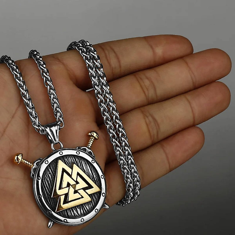 Viking Shield Pendant Necklace – Valknut, Swords, Stainless Steel Viking Jewelry