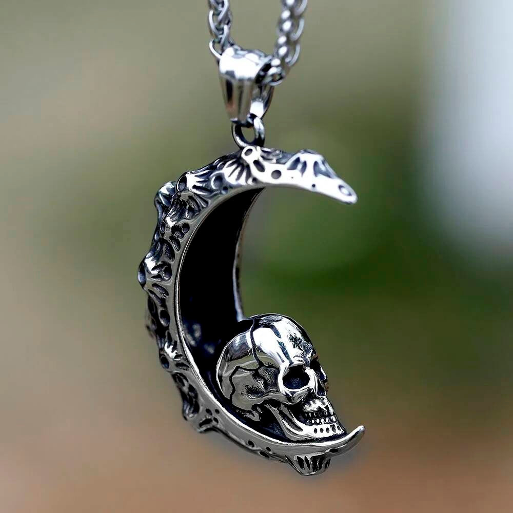 Skull Moon Pendant Necklace – Gothic Stainless Steel Crescent Moon with Skull