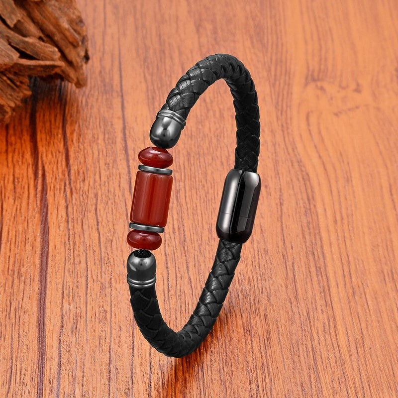 Black Braided Leather Bracelet with Green Jade Beads - Stylish Multi-Layer Magnetic Clasp Jewelry for Casual Wear and Gifts Red Agate
