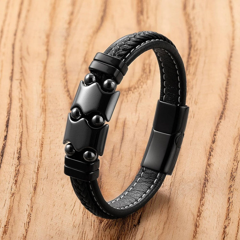 Natural Stone Leather Braided Fashion Men Women Stainless Steel Magnetic Clasp Bracelet Daily Wear Jewelry Couple Gift Hematite-A