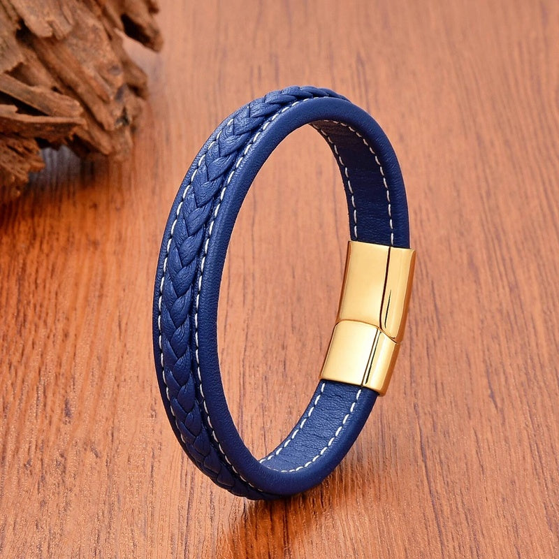 Vintage Men Europe and America Stainless Steel Magnet Open Bangle Multi-Size Woven Leather Hand Rope Classic Party Gift Present Style D-Gold