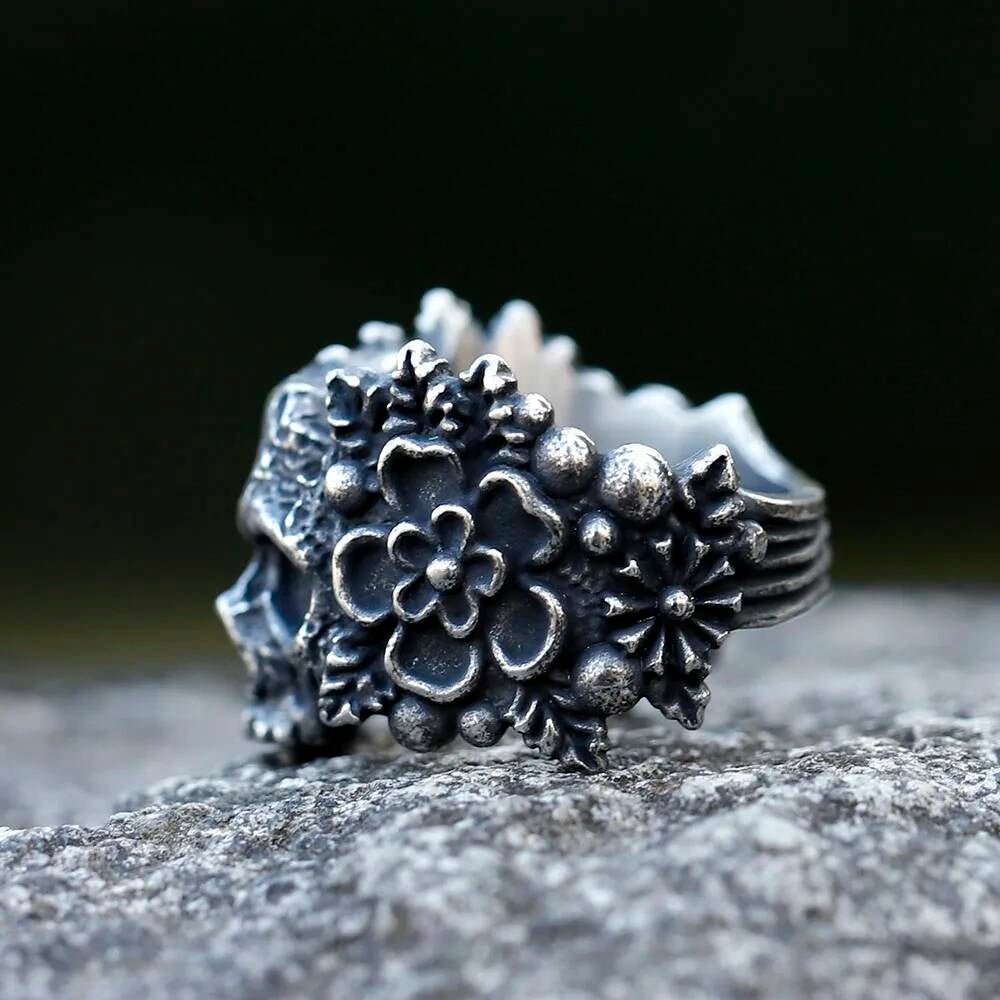 Santa Muerte Mandala Skull Ring - Heavy Stainless Steel Gothic Biker Jewelry