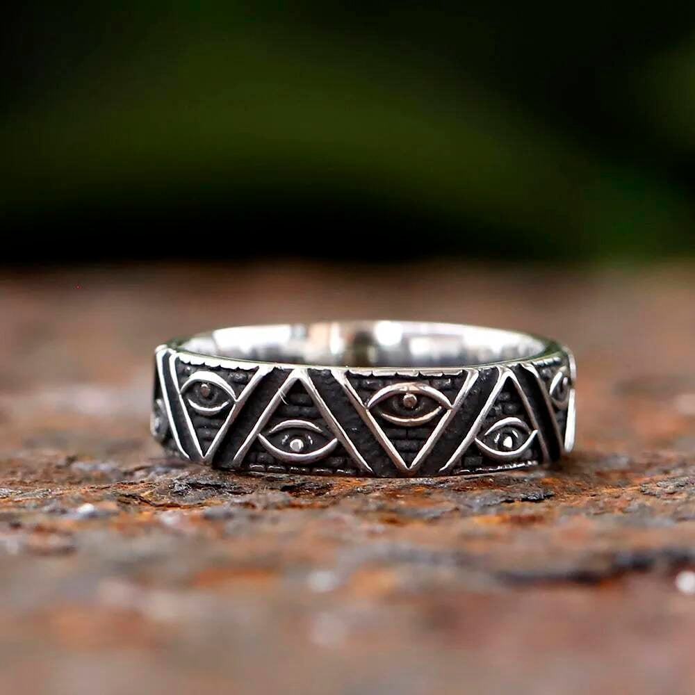 Rotating Eye of Horus Pyramid Ring – 316L Stainless Steel Mythic Statement Band