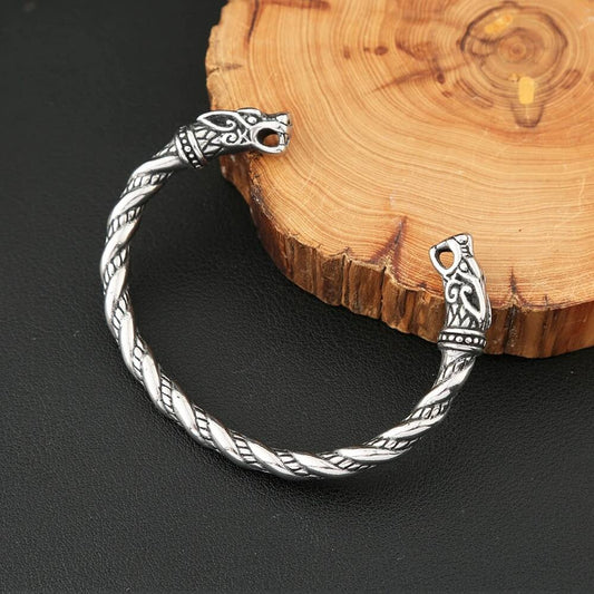 Viking Wolf Head Twisted Bangle – Stainless Steel Norse Armring