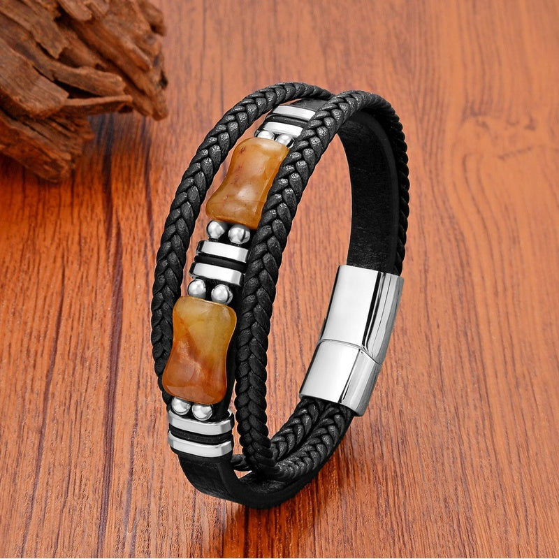 Men's Green Jade Leather Bracelet for Unique Gifts Yellow Stone-White