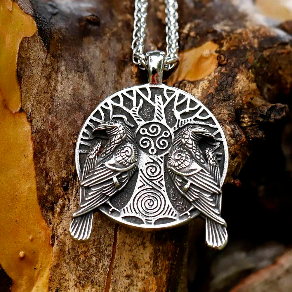 Tree of Life and Ravens Pendant Necklace, Silver Celtic Jewelry with Nature and Mythological Symbolism