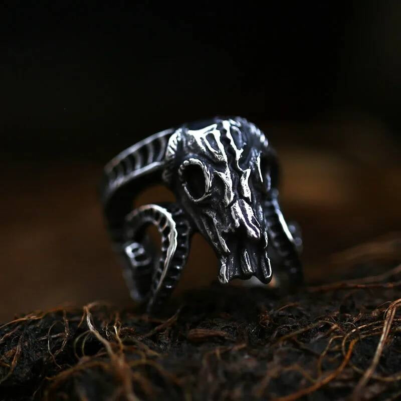 Skull and Ram Horn Ring - Gothic Stainless Steel Men's Biker Jewelry E STYLE