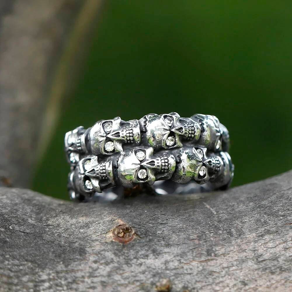 Aegishjalmur Zircon Skull Ring - Viking Symbol Stainless Steel Gothic Jewelry