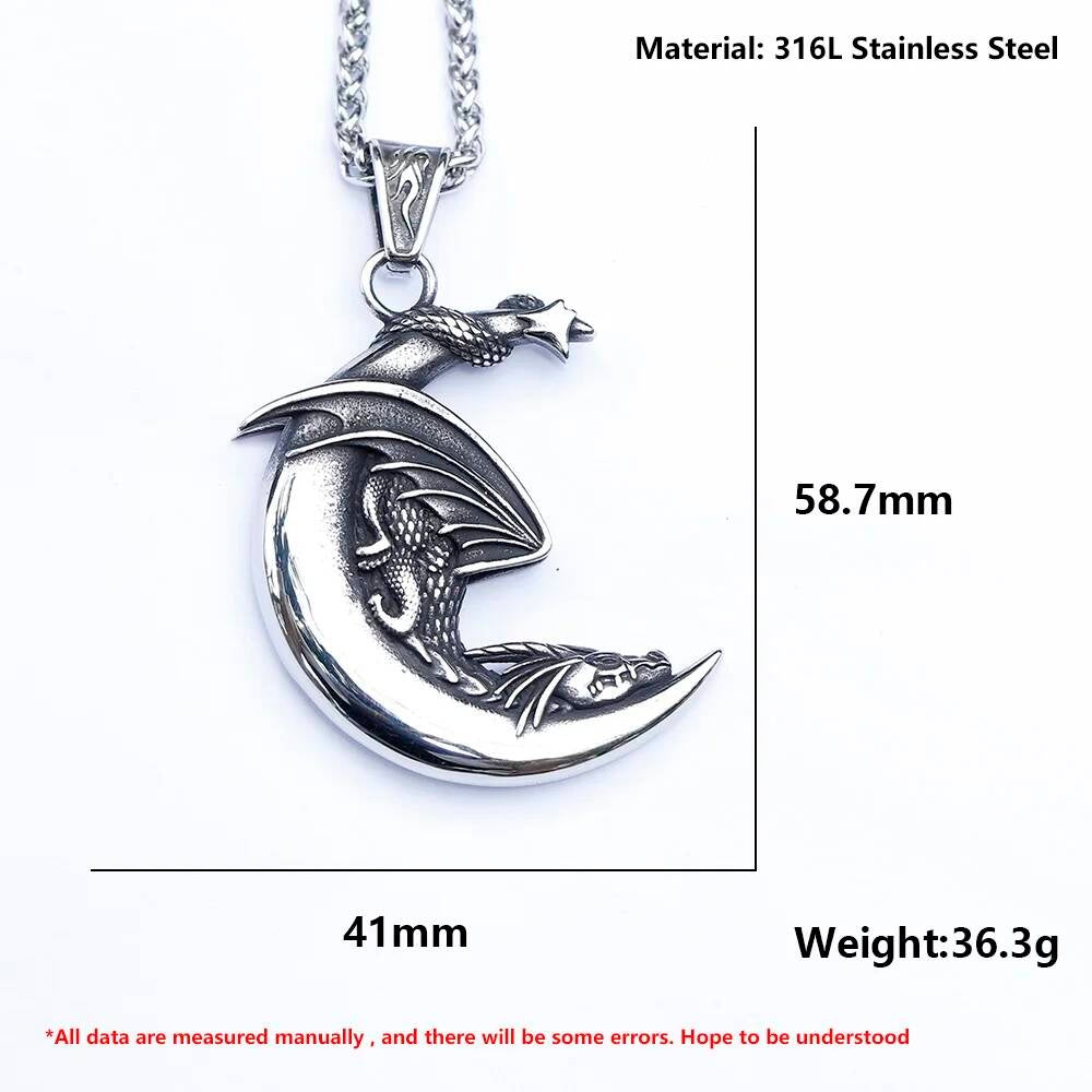 Dragon Moon Pendant Necklace – Stainless Steel Fantasy Jewelry