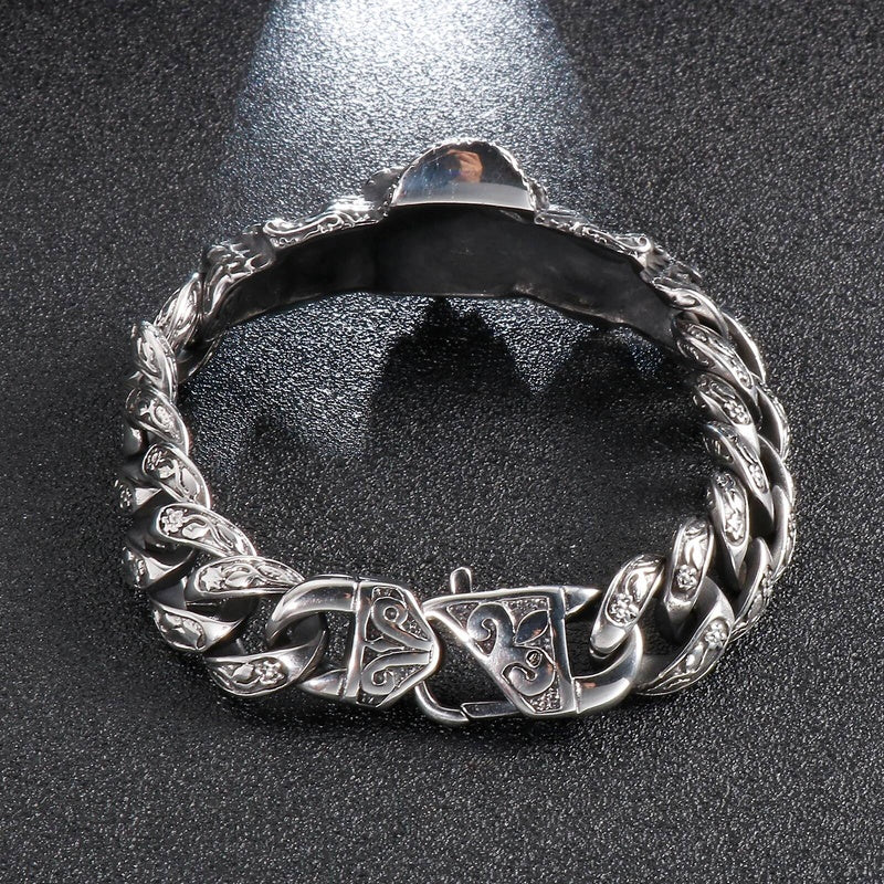 Stainless Steel Red Eye Skull Bracelet Men With Vintage Cuban Chain