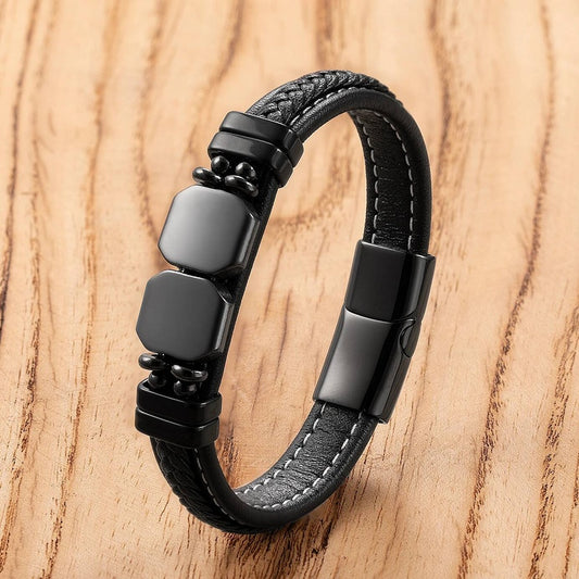 Natural Stone Leather Braided Fashion Men Women Stainless Steel Magnetic Clasp Bracelet Daily Wear Jewelry Couple Gift Hematite-B