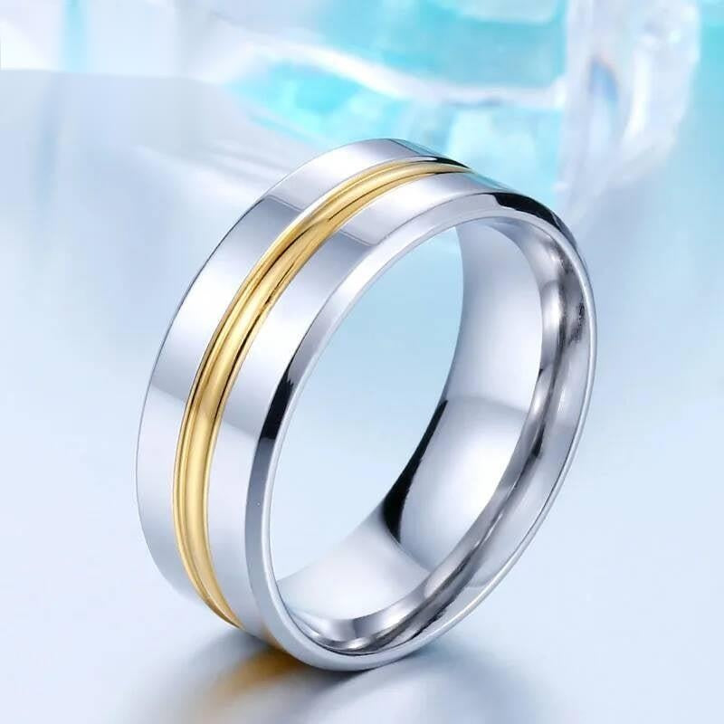 Stainless Steel Gold Inlay Ring 8mm Classic Two-Tone Wedding Band