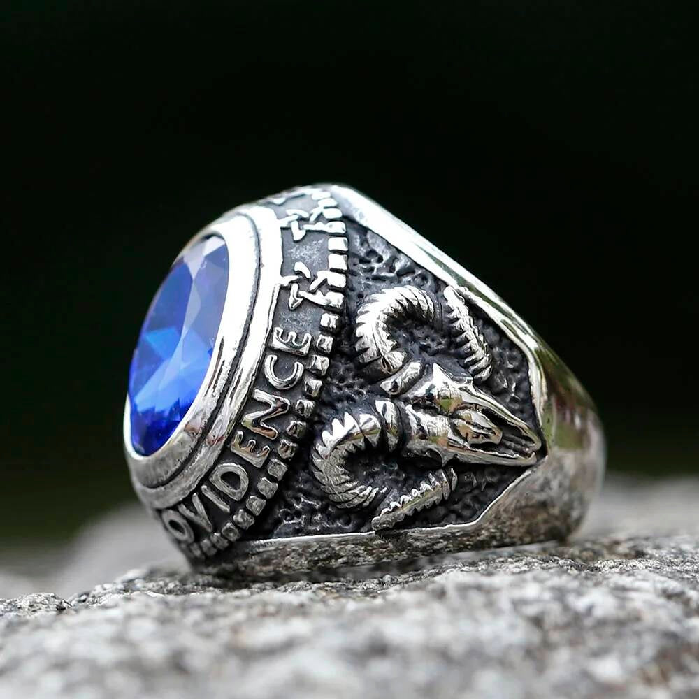 Blue Stone Gothic Ring – 316L Stainless Steel Biker Statement Band
