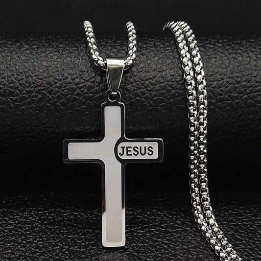 Stainless Steel Jesus Cross Pendant Necklace For Men Jewelry Accessories Black Yellow White Color Silver