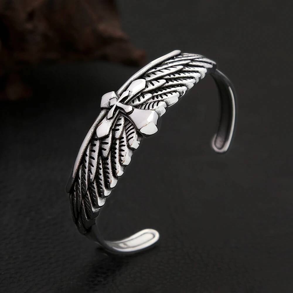 Angel Wings Cross Bangle – Gothic Stainless Steel Bracelet