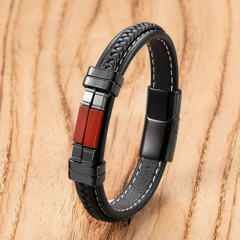 Vintage Woven Leather Rope For Men Personality Stone Bangles Bracelets Punk Stainless Steel Wristband Jewelry Gifts Style-B
