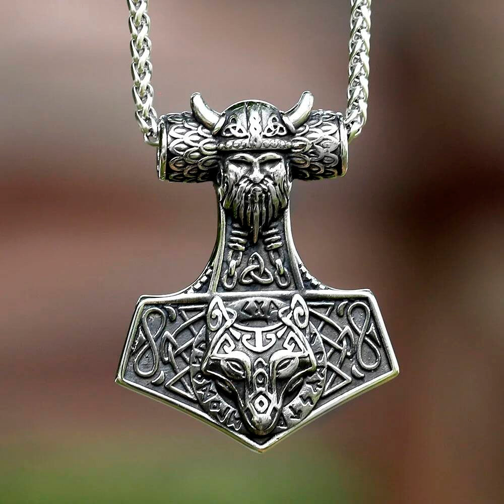Viking Thor’s Hammer Pendant Necklace, Silver Norse Jewelry with Wolf Design