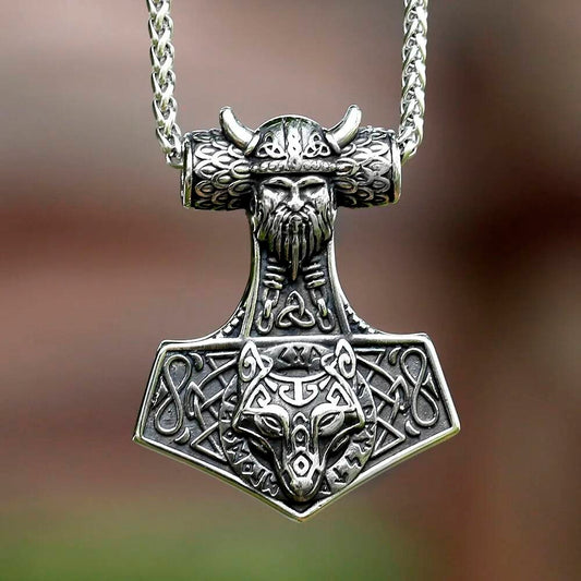 Viking Thor’s Hammer Pendant Necklace, Silver Norse Jewelry with Wolf Design
