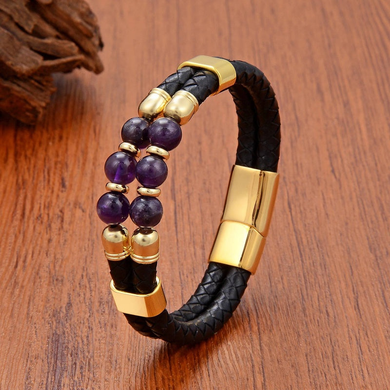 Black Braided Leather Bracelet with Green Jade Beads - Stylish Multi-Layer Magnetic Clasp Jewelry for Casual Wear and Gifts Gold-Amethyst
