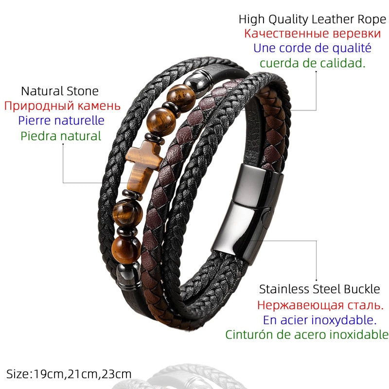 Black Braided Leather Bracelet with Green Jade Beads - Stylish Multi-Layer Magnetic Clasp Jewelry for Casual Wear and Gifts