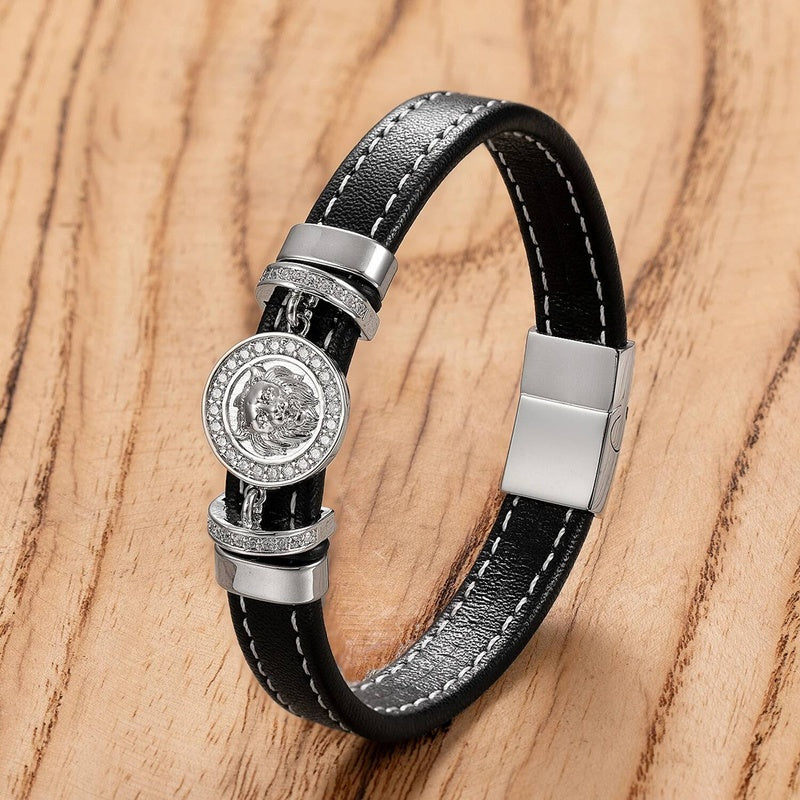 3 Colors Men Leather Bracelet Stainless Steel Domineering Animal Lion Charm Fashion Punk Bracelets for Male Jewelry Gift White
