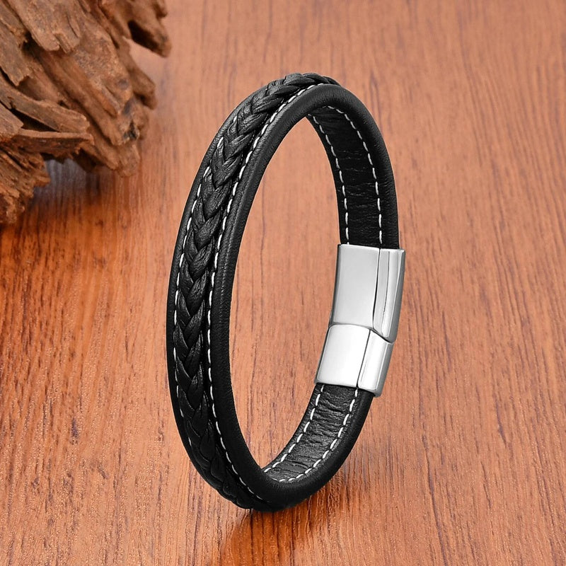 Vintage Men Europe and America Stainless Steel Magnet Open Bangle Multi-Size Woven Leather Hand Rope Classic Party Gift Present Style B-White