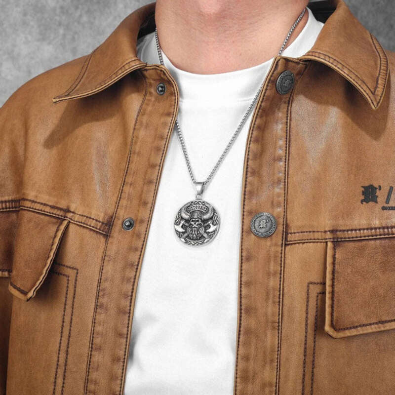 Viking Warrior Pendant Necklace – 316L Stainless Steel Double-Sided Norse Amulet with Vegvisir