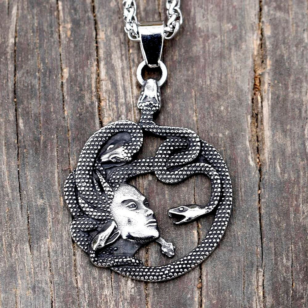 Medusa Snake Pendant Necklace, Silver Gothic Jewelry with Intricate Snake Design