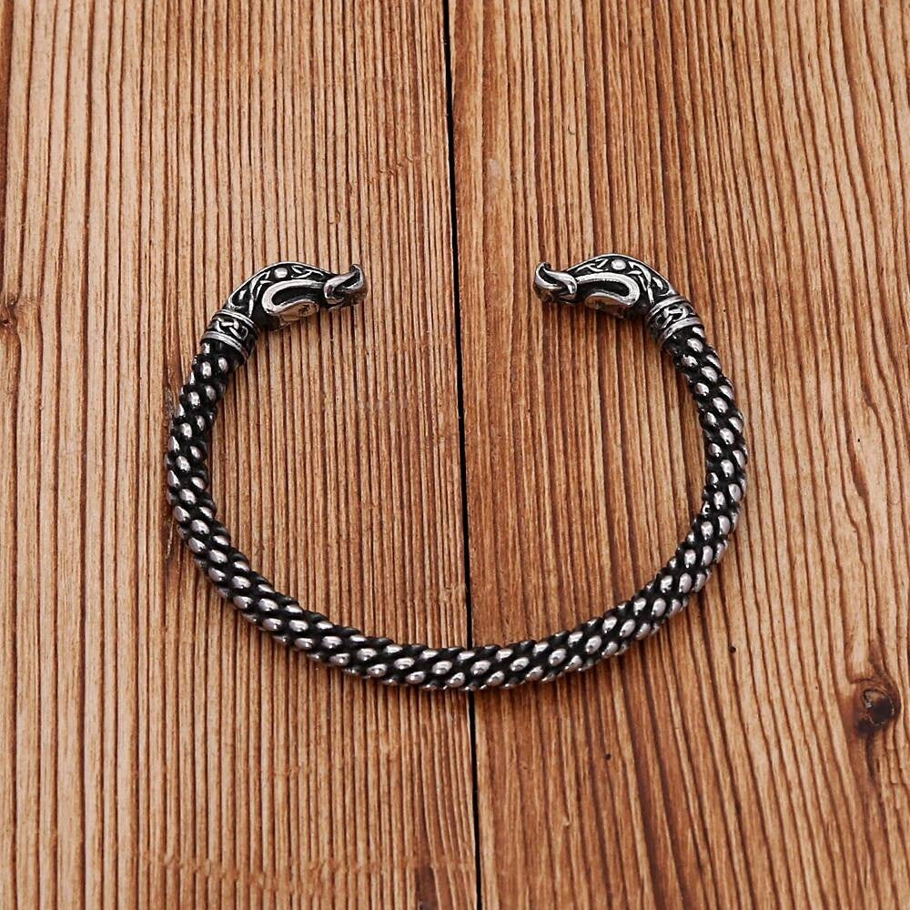 Viking Dragon Head Stainless Steel Bracelet – Norse Dragon Scale Cuff