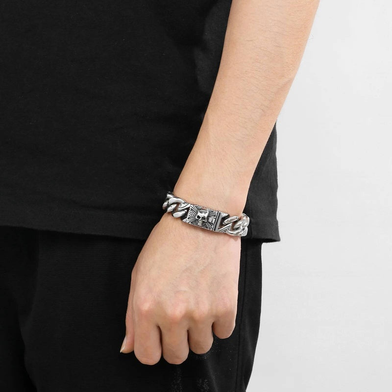 16mm Cuban Chain With Skull Charm Bracelet For Men 316L Stainless Steel Punk Jewelry