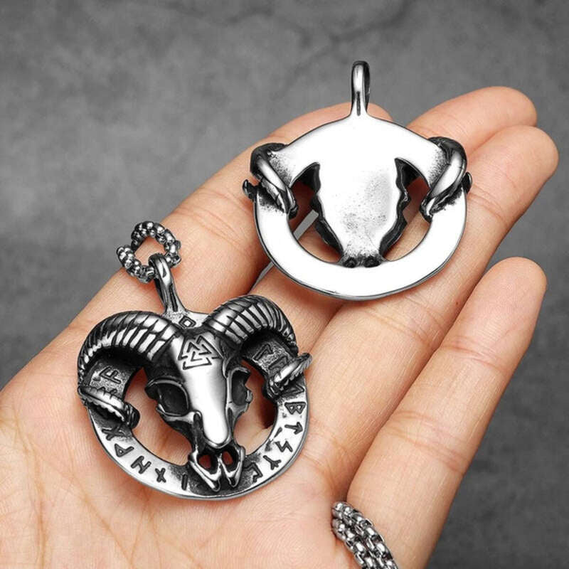 Viking Ram Skull Pendant Necklace – 316L Stainless Steel Norse Valknut Amulet with Runes