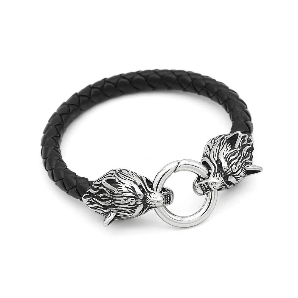 Viking Wolf Head Leather Bracelet – Norse Mythology Jewelry Style A