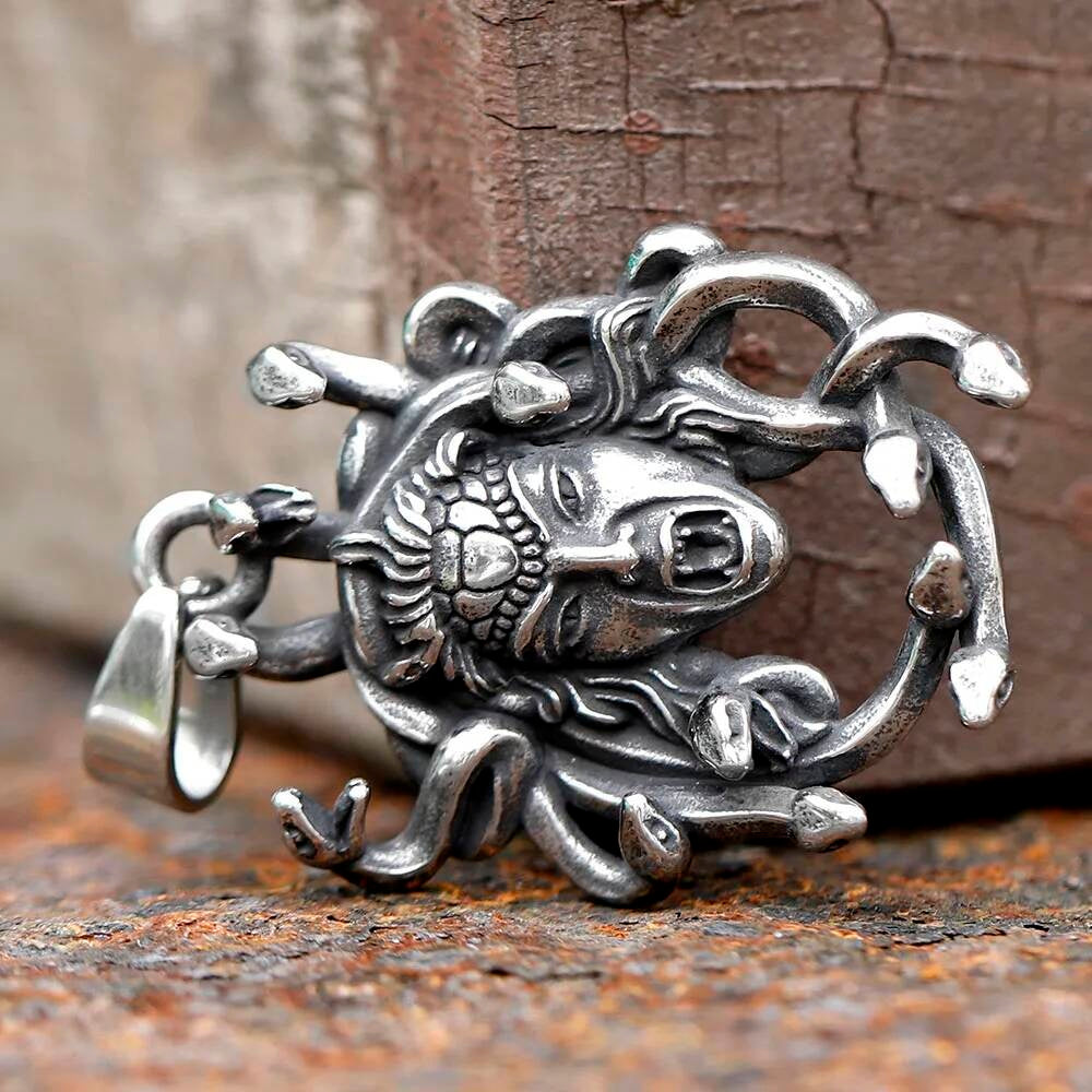 Medusa Pendant Necklace, Silver Gothic Jewelry with Snake Hair Design