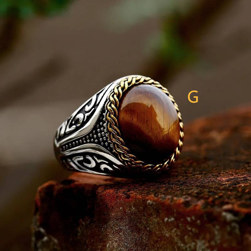 Vintage Tiger Eye Stone Ring – Stainless Steel Gothic Biker Jewelry