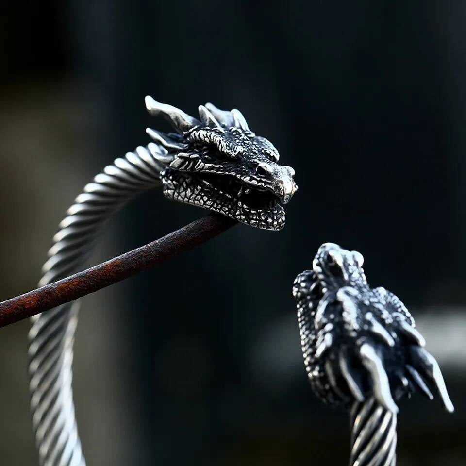Double Dragon Head Twisted Bangle – Viking Norse Stainless Steel Bracelet