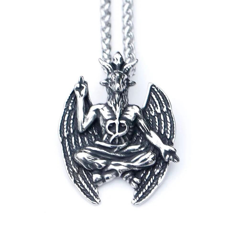 Baphomet Pendant Necklace, Silver Gothic Jewelry with Winged Goat Design