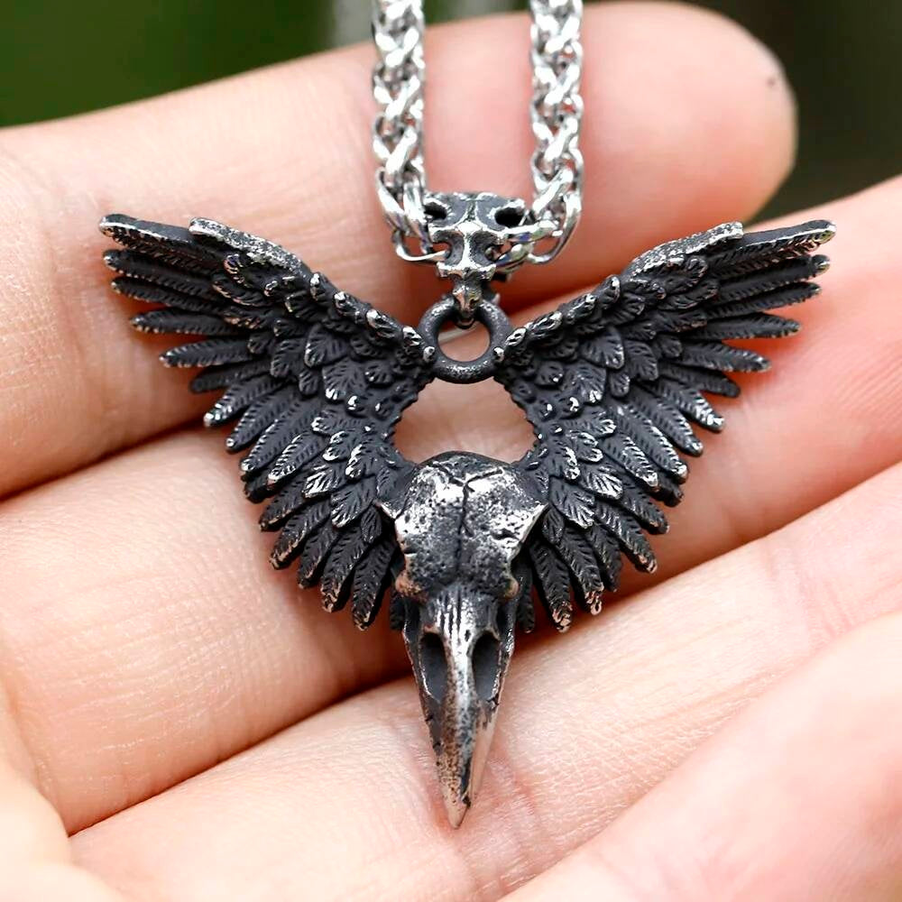 Bird Skull with Wings Pendant Necklace, Silver Gothic Jewelry with Intricate Design