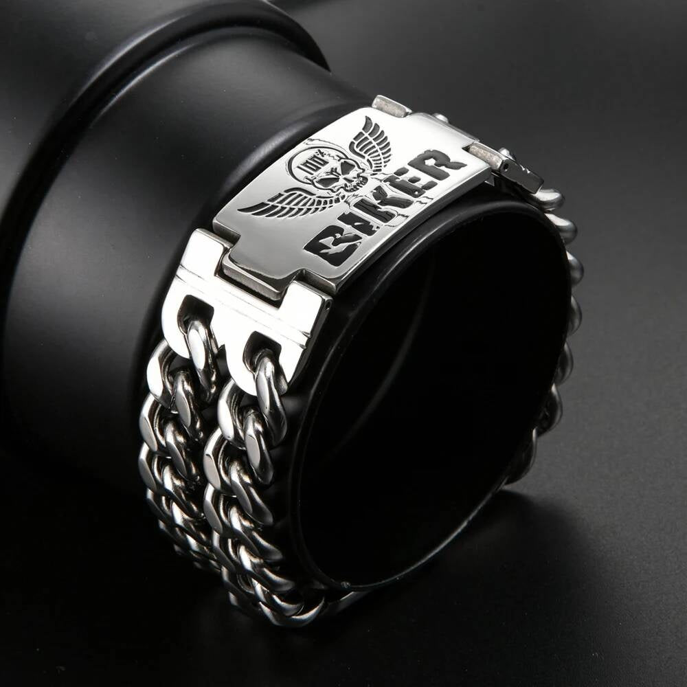 Biker Skull Bracelet for Men Gothic Punk Rock Heavy Metal Chain Jewelry 316L Stainless Steel with Leather Strap