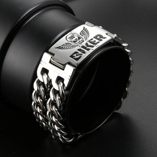 Biker Skull Bracelet for Men Gothic Punk Rock Heavy Metal Chain Jewelry 316L Stainless Steel with Leather Strap
