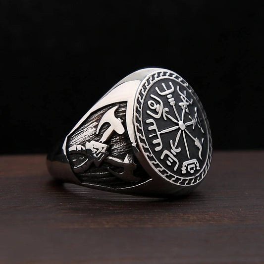 Viking Compass & Double-Axe Ring – 316L Stainless Steel Norse Amulet