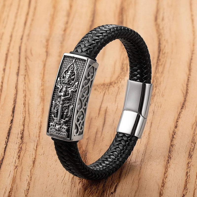 Personality Punk Black High Quality Hand Braided Leather Stainless Steel Charm Bracelet Men Bangle Couple Rock Fashion Jewelry Style-E