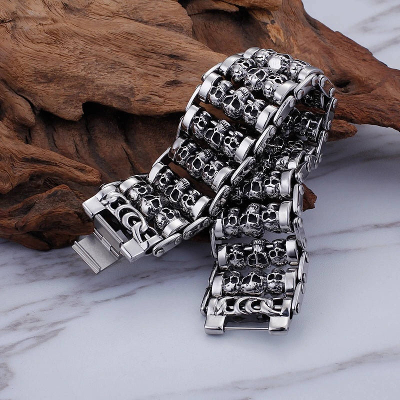 35mm Width Huge Demon Skull Bracelet Men Heavy Motor Biker Wristband