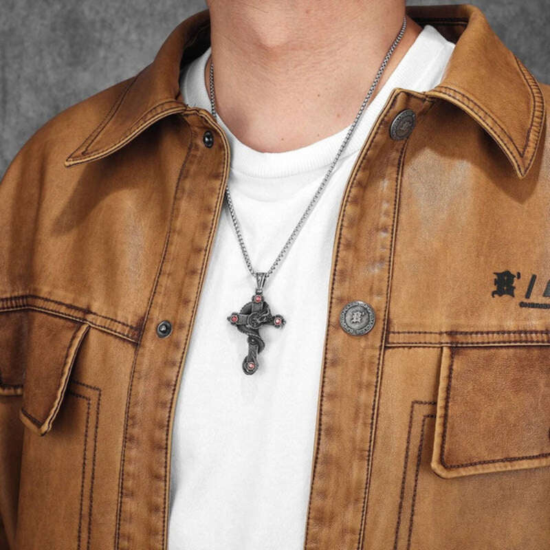 316L Stainless Steel Serpent Sword Cross Pendant Necklace with Gemstones