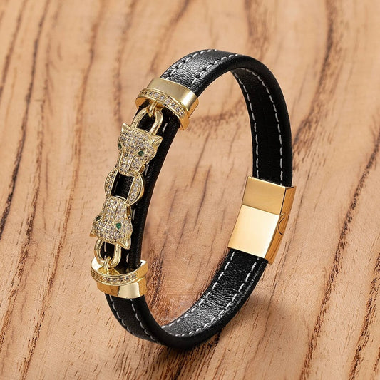 Style Classic Animal Leopard Head Hand Leather Braided Stainless Steel Bracelet For Man Woman Daily Wear Jewelry Gift Gold-A