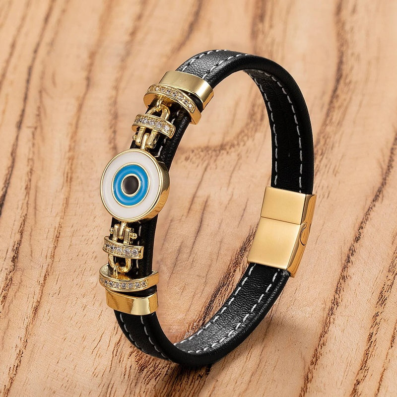 Woven Leather Turkish Blue Evil Eye Zircon Bracelet Punk Stainless Steel Jewelry Fashion Charm Valentines Day Gift Gold-J