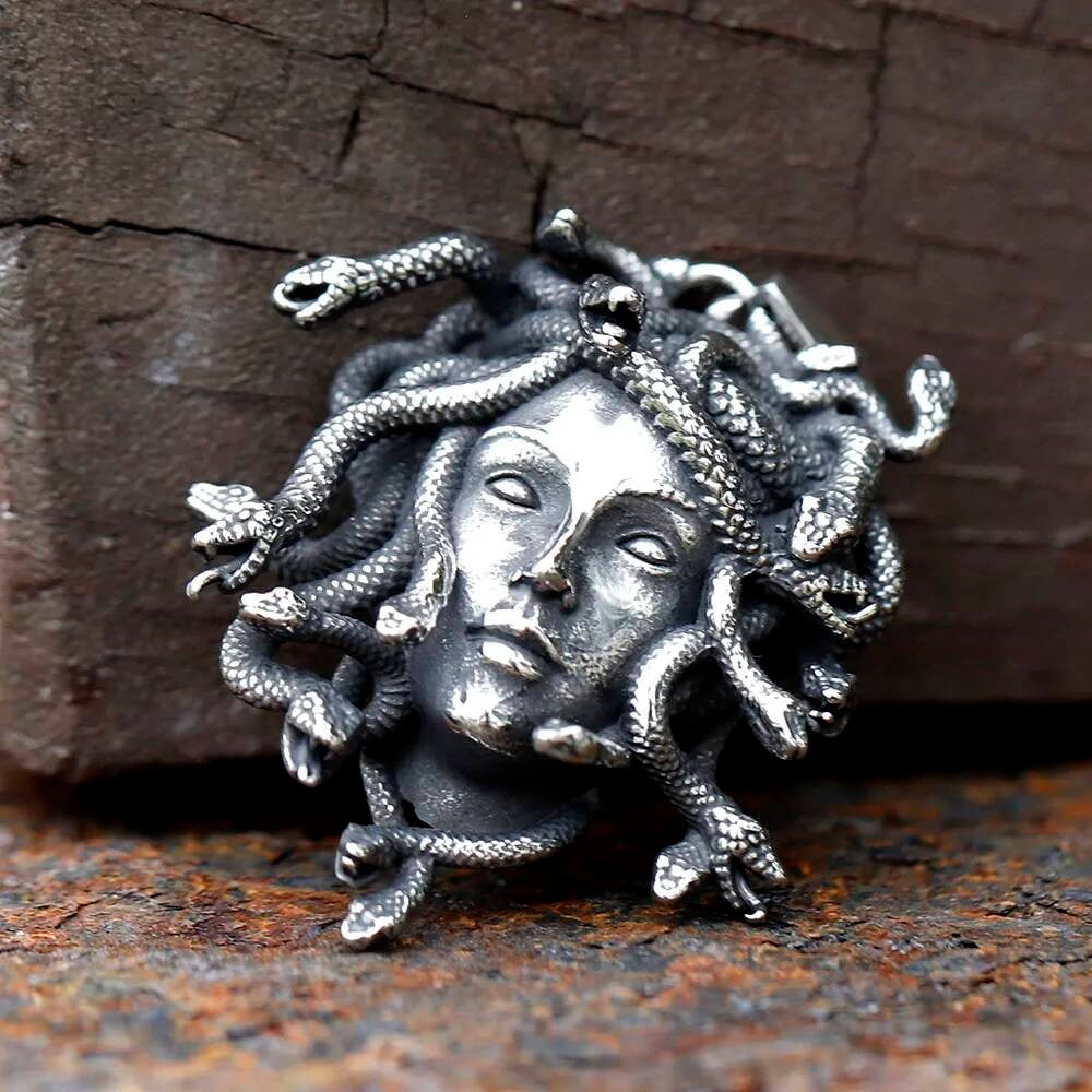 Medusa Pendant Necklace, Gothic Silver Jewelry with Snake Hair Design