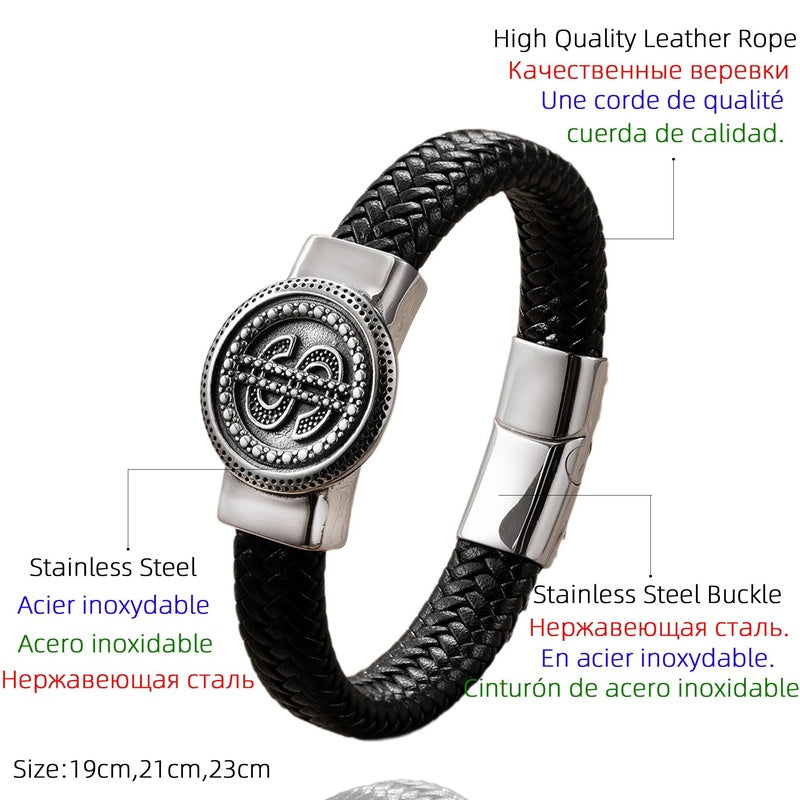 Personality Punk Black High Quality Hand Braided Leather Stainless Steel Charm Bracelet Men Bangle Couple Rock Fashion Jewelry