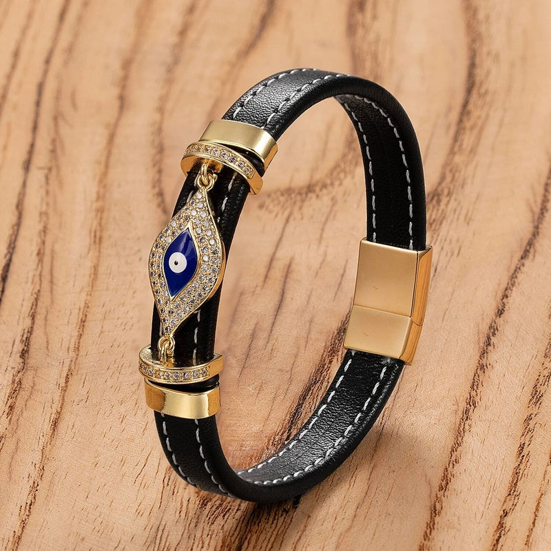 Woven Leather Turkish Blue Evil Eye Zircon Bracelet Punk Fashion Charm Valentines Day Gift Trend Female Jewelry Style-G